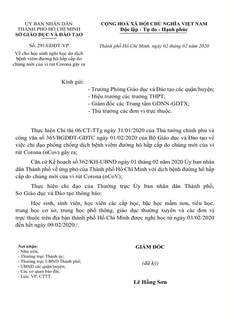 THÔNG BÁO HỌC VIÊN NGHỈ HỌC TỪ 3/2-9/2/2020